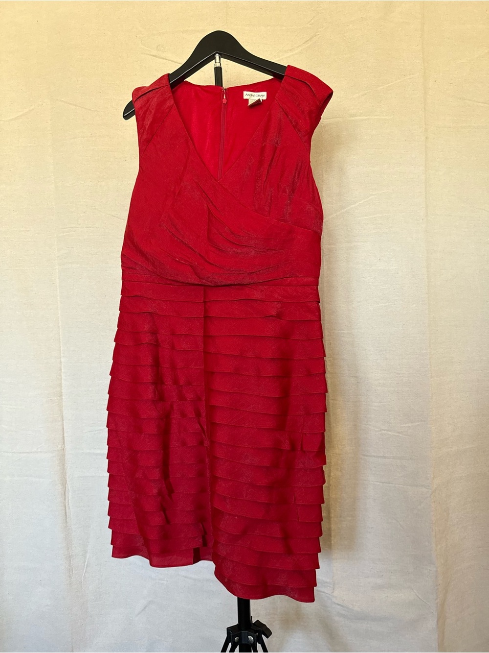 Andre Oliver Crimson Tiered V-Neck Midi Dress